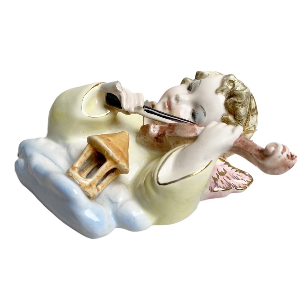 Vintage Italy porcelain cherub playing violin lantern metal hook 6”x6” Victorian - Picture 3 of 9